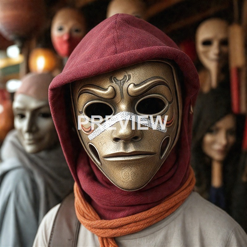 A person wearing an ornate, metallic mask with hollow eyes, a hooded red garment, and an orange scarf, surrounded by other masked individuals in the background.